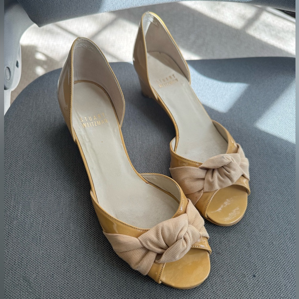 Tan patent Stuart Weitzman satin bow D’orsay low heels